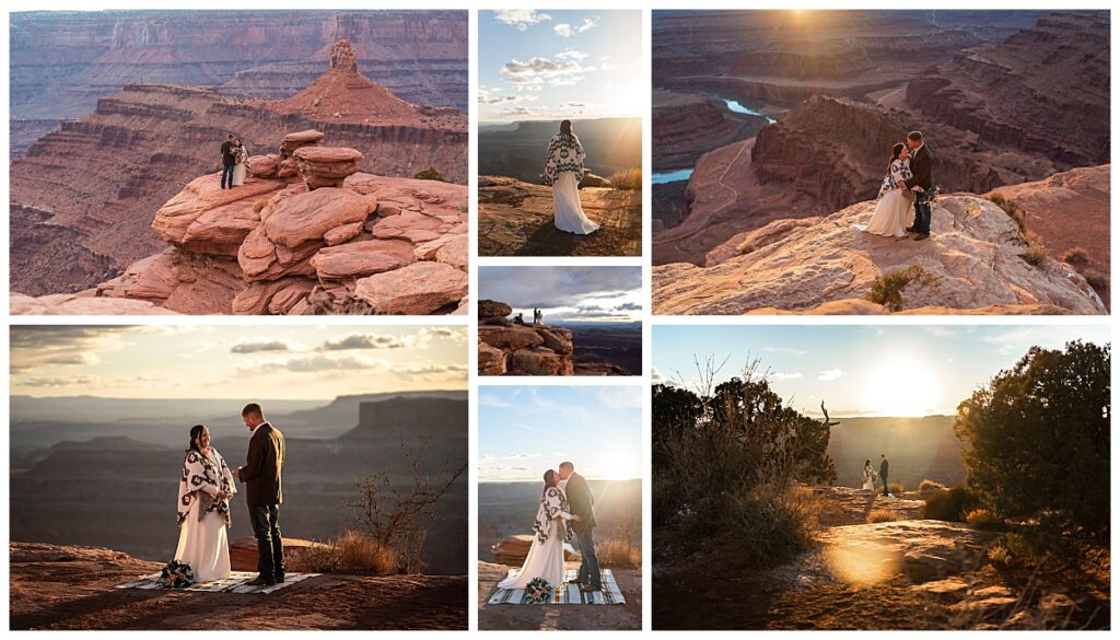 Sunset images of a couple eloping during a cliff side ceremony at Deadhorse Point State park