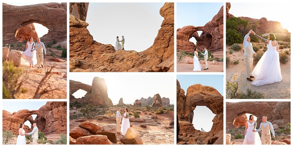 A collage of images showing a couple eloping at Double Arches In Utah