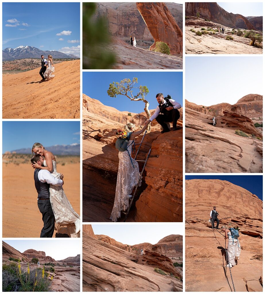 Newlyweds explore sand dunes and arches during their adventurous elopement in southern Utah