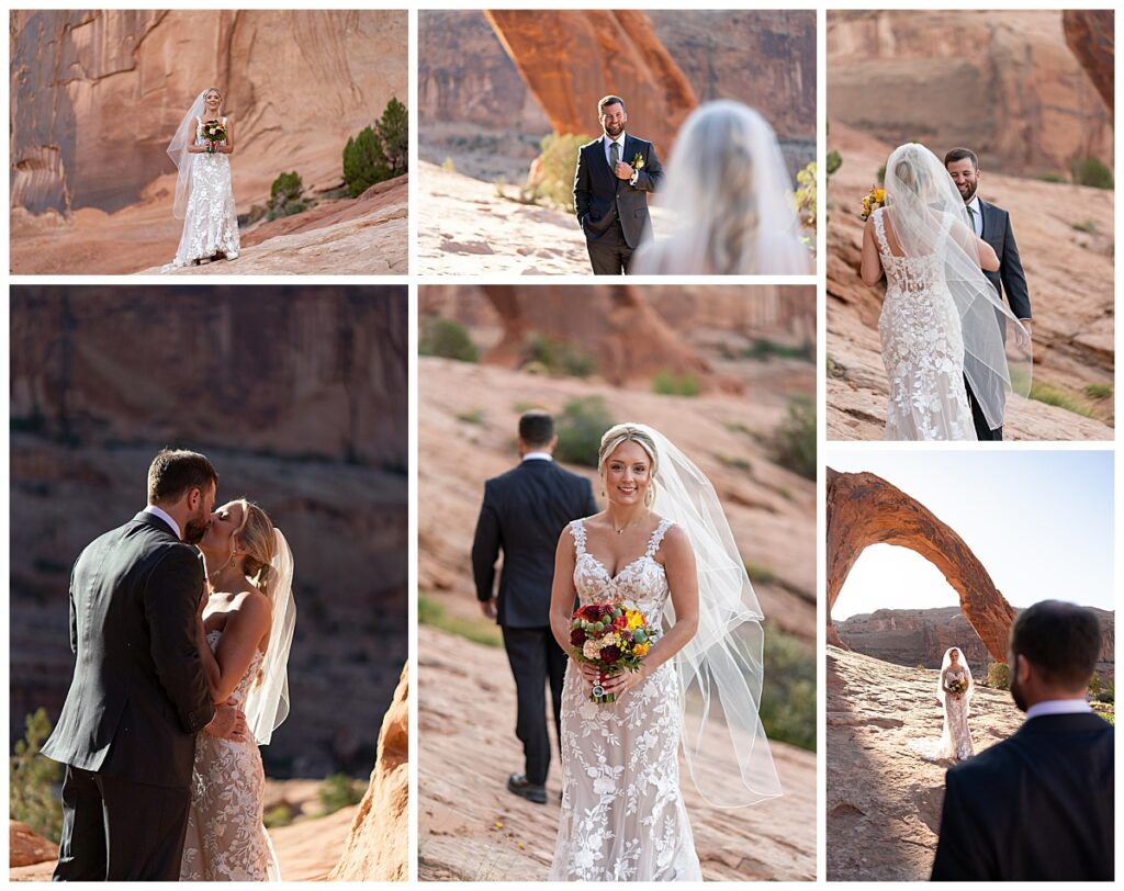 Bride walks toward her groom for a first look moment in a quiet, scenic canyon setting
