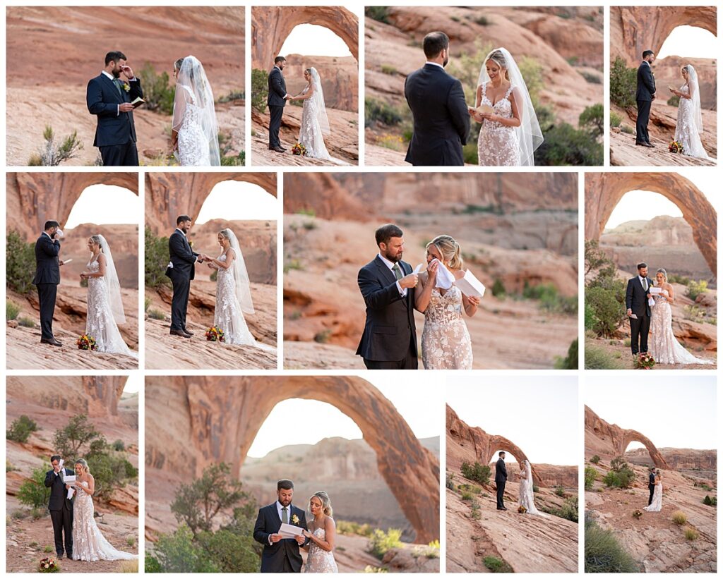 Bride and groom exchange vows under an arch at sunrise in Moab, Utah