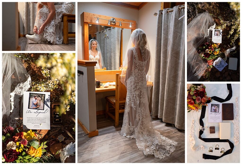 Bride getting ready in a riverside cabin at Red Cliffs Lodge as well as wedding decor