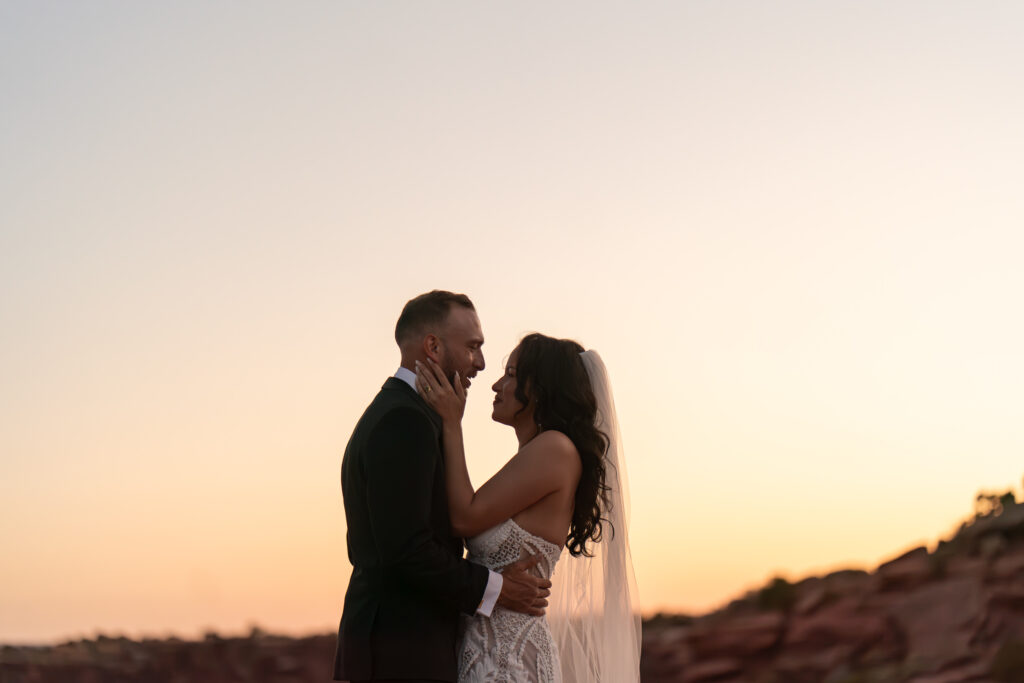beautiful Sunset bridal portrait of a couple who just eloped in Moab Utah Canyons