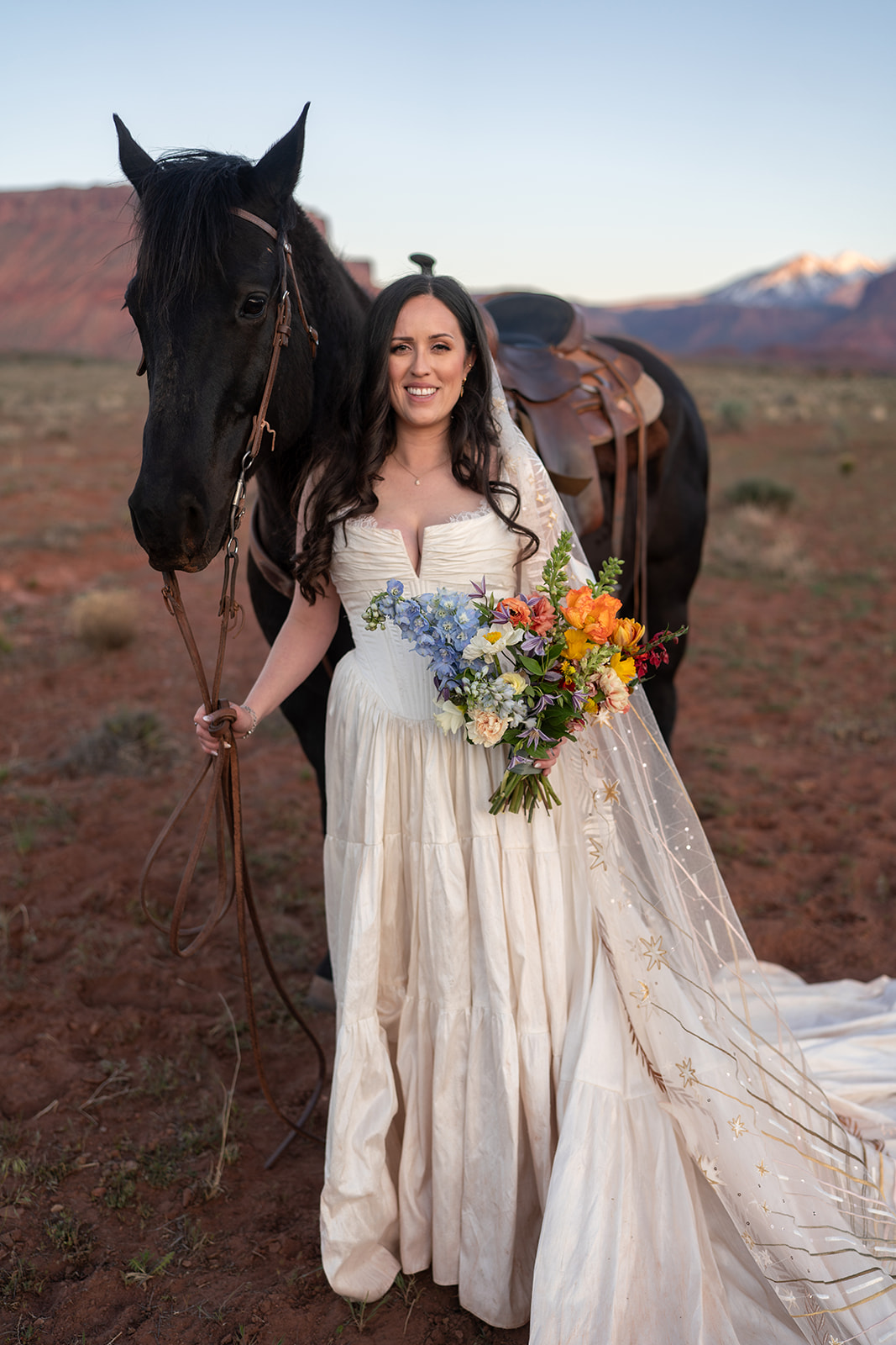 bride in a flowing celestial-themed wedding dress