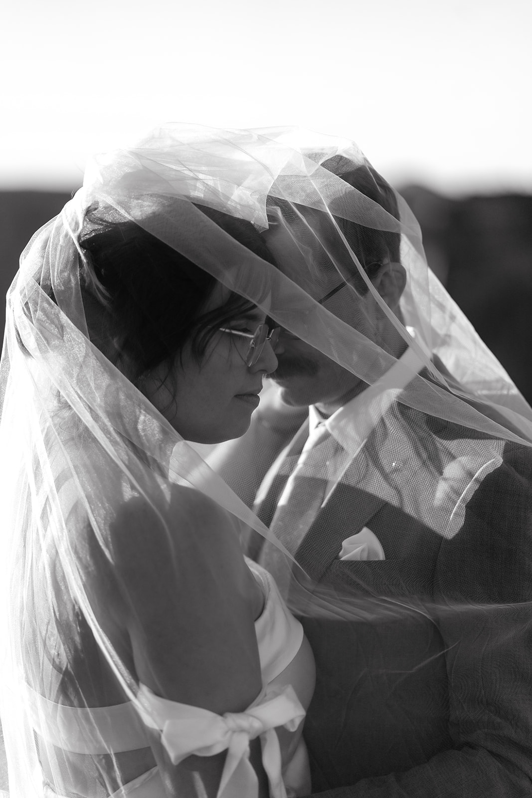Black and white close-up of a bride and groom standing intimately face-to-face, framed by the bride's sheer wedding veil